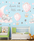 Whimsical Elephant Wall Stickers Set With Pink Moon And Grey Stars For Nursery And Kids Room, Hot Air Balloon Decor on nursery wall