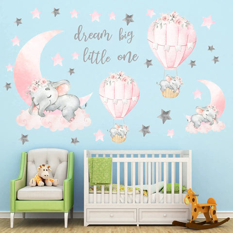 Whimsical Elephant Wall Stickers Set With Pink Moon And Grey Stars For Nursery And Kids Room, Hot Air Balloon Decor on nursery wall