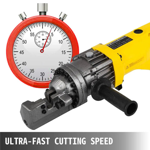 Heavy Duty RC 16 Portable Electric Hydraulic Rebar Cutter Cuts 4Mm To 25Mm Steel Bars Fast with timer showing efficient speed.