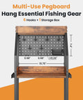 Three-Tier Fishing Rod Rack With Pegboard Hooks And Wooden Top Box featuring measurements and storage details
