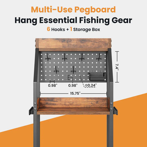 Three-Tier Fishing Rod Rack With Pegboard Hooks And Wooden Top Box featuring measurements and storage details