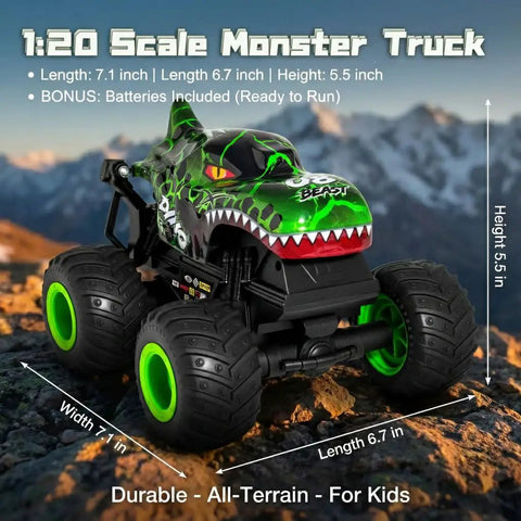 Dino Monster Truck RC With LED Lights And Roaring Sound, 1 To 20 Scale All Terrain Off Road Toy Vehicle, Green monster truck on rocky terrain.