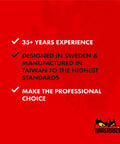 Red background with text: '35+ Years Experience, Designed in Sweden & Manufactured in Taiwan, Make the Professional Choice'.