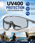 Kick Everyday Glare To The Curb With These Ultra Light Photochromic Polarized Safety Glasses Featuring Rapid Lens Tinting Rock Solid UV Protection And Zero Eye Strain For Riding And Travel, UV400 protection sunglasses with clear lenses and a semi-rimless design.