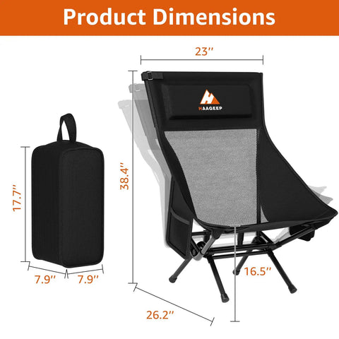 Armless Rocking Camping Chair With Spring Action Tech, Portable Folding Outdoor Rocker dimensions and carry case displayed.