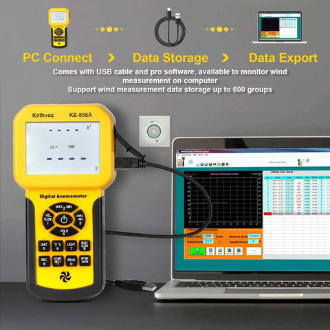 Pro Grade HVAC Anemometer With USB Data Storage And PC Connect All In One Air Flow Tester connected to a laptop displaying data.