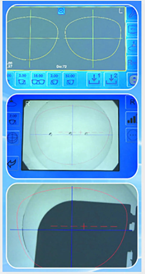 Automatic Edge Grinding Machine For Eyewear With Scanner And 7 Inch Touch Screen interface details and lens outlines.