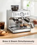 Top Tier Home Barista Espresso Machine With Solid Grinder And True Dual Boiler Brewing coffee and steaming foam together.