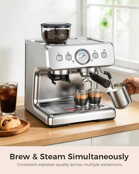 Top Tier Home Barista Espresso Machine With Solid Grinder And True Dual Boiler Brewing coffee and steaming foam together.