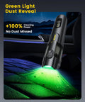 Cordless Handheld Car Vacuum Cleaner 4-In-1 Mini Vacuum With Green LED Light revealing dust in car interior at night.