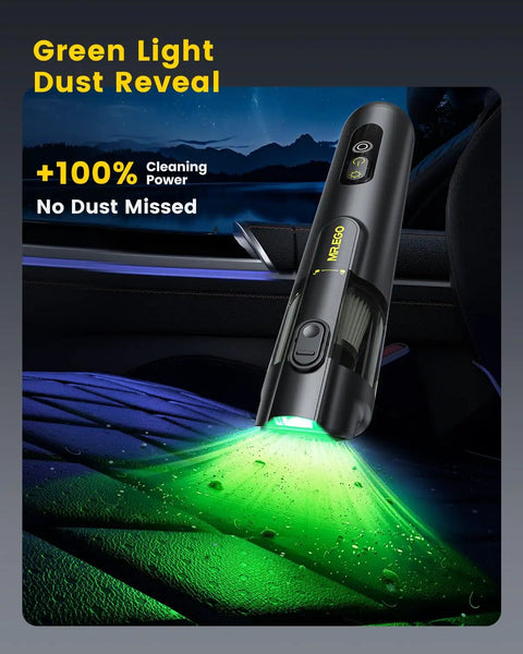 Cordless Handheld Car Vacuum Cleaner 4-In-1 Mini Vacuum With Green LED Light revealing dust in car interior at night.