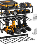 Three Piece Heavy Duty Steel Wire Drill Holder Wall Mount Set Black 100lb Load Capacity Perfect for Garage and Workshop Storage