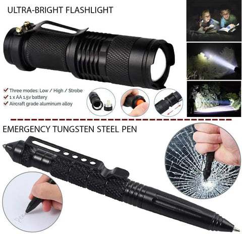 All In One 67 Piece 14 In 1 Outdoor Survival Gear Kit with flashlight and emergency tungsten steel pen for camping, hiking