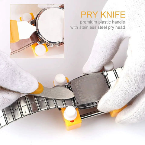 Using pry knife from 9 Piece Watch Battery Replacement Tool Kit With Back Case Opener and Precision Tweezers on watch case