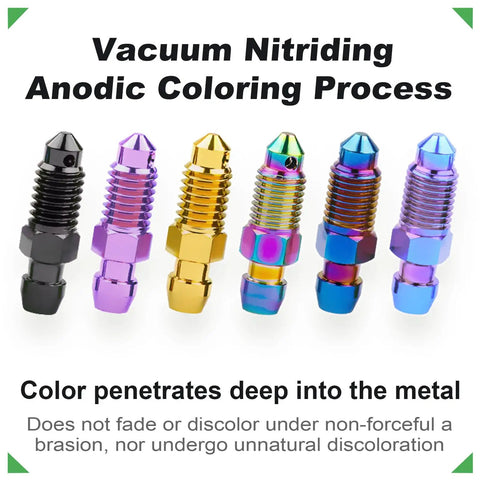 Tough As Nails Rust Free Titanium Brake Bleeder Bolts For Motorcycle Calipers, featuring vibrant colors and robust finishes.