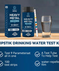 Hassle Free Nine Parameter Heavy Metal Water Test Strips At Home Water Quality Checks With 100 Sheets kit with drinking glass.