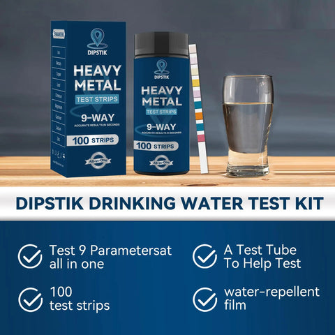 Hassle Free Nine Parameter Heavy Metal Water Test Strips At Home Water Quality Checks With 100 Sheets kit with drinking glass.