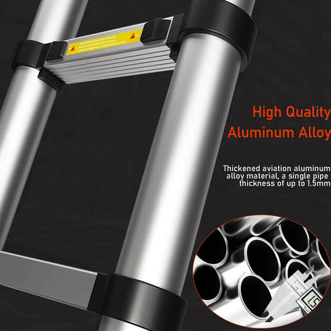 Close-up of Lightweight Aluminum Telescoping Ladder 10.5 Ft Easy Fold Non Slip Feet Portable Collapsible Extension Ladder, featuring high-quality aluminum alloy pipes.