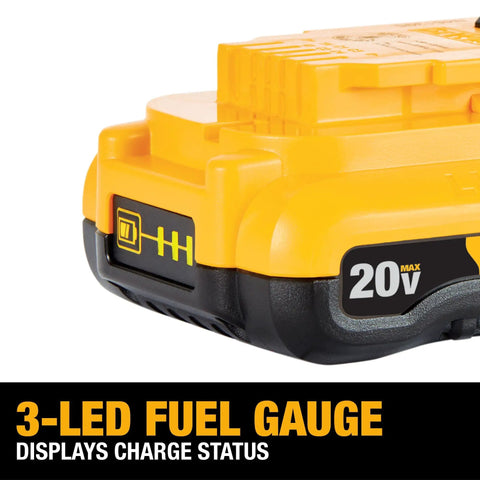Close-up of 20V Max Battery Pack 3.0Ah, 2-Pack With LED Fuel Gauge, No Memory, Low Self-Discharge, highlighting LED gauge, Model DCB230-2.