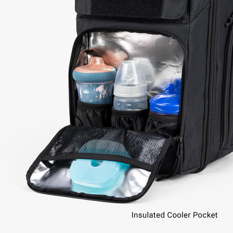 Insulated cooler pocket of Everyday Tactical Diaper Bag Backpack For Dads With Changing Mat Stroller Straps Built In Magnetic Wipes Pocket