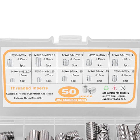 Ultimate 50-Piece Stainless Steel Threaded Inserts For M5x0.8 Repair Kit To Fix Stripped Threads And Restore Fastening Power On Metal Or Plastic Parts With Rust Proof Precision For Any Gnarly Industrial Job. storage box with assorted M5 inserts