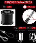 Image showing All-In-One 328ft Wire Rope Crimping Tool Kit With Heavy-Duty Crimp Tool Black Vinyl Coated 7x7 1.5mm Wire, including 200 aluminum crimp sleeves and 20 stainless steel thimbles for DIY rigging and pro grade results.