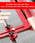 Thin Rip Jig Table Saw Guide for Quick Repetitive Narrow Strip Cuts with anti kickback safety on table saw, red color.