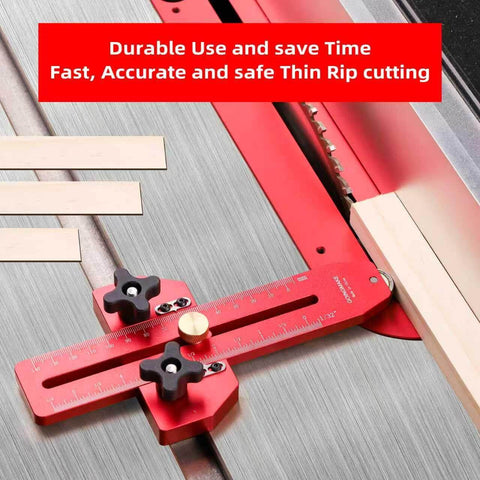 Thin Rip Jig Table Saw Guide for Quick Repetitive Narrow Strip Cuts with anti kickback safety on table saw, red color.