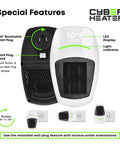 Portable Space Heater With Remote, 500W Ceramic Electric Heater, wall plug lock, LED display, rotation angles shown, Cyber Heater.