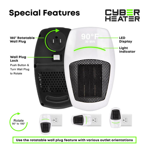 Portable Space Heater With Remote, 500W Ceramic Electric Heater, wall plug lock, LED display, rotation angles shown, Cyber Heater.