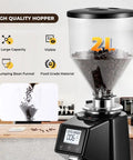 Straight Up Pro Level Electric Coffee Grinder With Industrial Flat Steel Burrs 19 Adjustable Grinding Settings Digital Timer Lock And Huge Thirty Five Ounce Hopper with 35.2oz visible hopper filled with coffee beans.