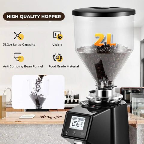 Straight Up Pro Level Electric Coffee Grinder With Industrial Flat Steel Burrs 19 Adjustable Grinding Settings Digital Timer Lock And Huge Thirty Five Ounce Hopper with 35.2oz visible hopper filled with coffee beans.