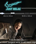 Just Relax LED Neon Light Sign For Wall Decor USB Powered with switch, bright ice blue neon lights, 16x10 inches, bedroom setup.