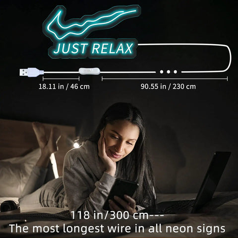 Just Relax LED Neon Light Sign For Wall Decor USB Powered with switch, bright ice blue neon lights, 16x10 inches, bedroom setup.