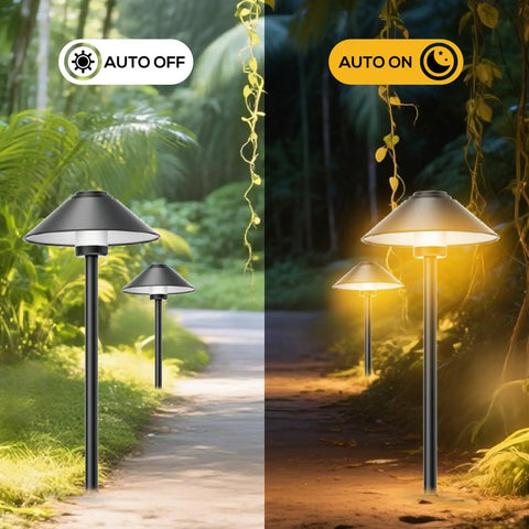 4 Pack Dusk To Dawn Outdoor Pathway Lights With Dimmable LED Landscape Lighting in garden, day and night view