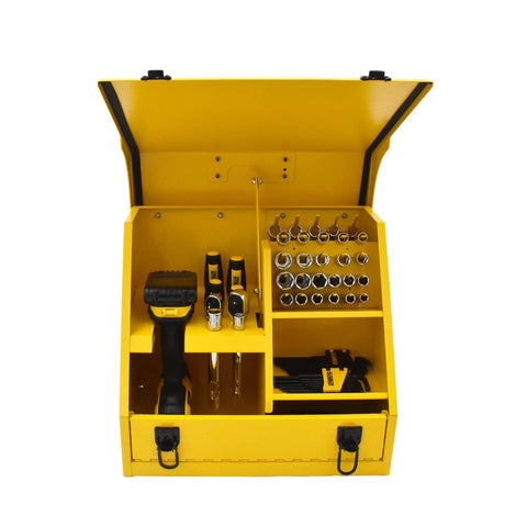 Badass Heavy Duty Steel Portable Toolbox Bright Yellow Compact 15x10 Job Site with organized sockets and drill nook open view.