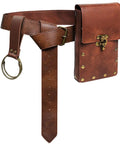 Snag This Solid Leather Waist Bag And Fanny Pack With Durable Adjustable Belt Strap Badass Steampunk Style showing brown leather pouch with brass accents.