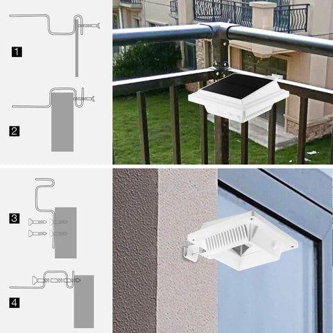 Solar Powered Gutter Lights Outdoor Waterproof Dusk To Dawn 25 LED Deck Fence Wall Stair Step Yard Pathway Lighting 2 Pack mounted example showing installation on railing and wall with diagrams.