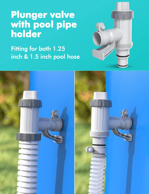 Above Ground Pool Hose Adapter With Plunger Valve And Pipe Holder Replacement Parts Kit For Pool Pump System One Step Flow Stop 2 Pack Durable And DIY Friendly Install, gray plastic, fits 1.25 and 1.5 inch hoses