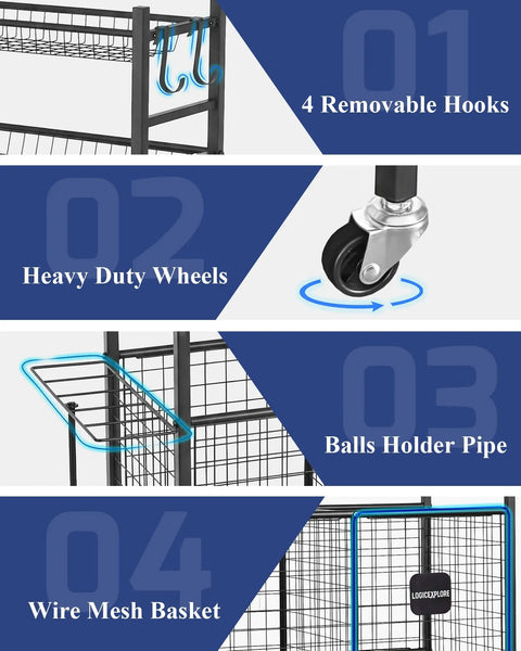 Heavy Duty Rolling Sports Equipment Organizer Rack With Wheels For Garage And Home Gym Keeps Balls Gear Bins Baskets And Hooks