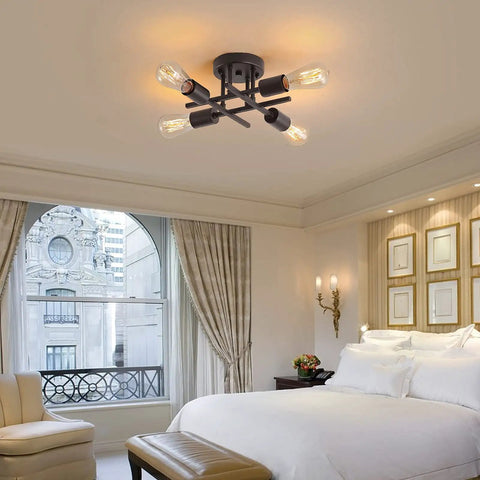 4-Light Black Semi Flush Mount Ceiling Light Fixture With Dope Industrial Farmhouse Metal Design in elegant bedroom setting