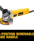DEWALT 4-1/2-inch angle grinder with one-touch guard and removable side handle; yellow and black.