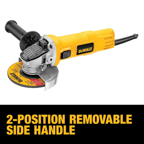DEWALT 4-1/2-inch angle grinder with one-touch guard and removable side handle; yellow and black.