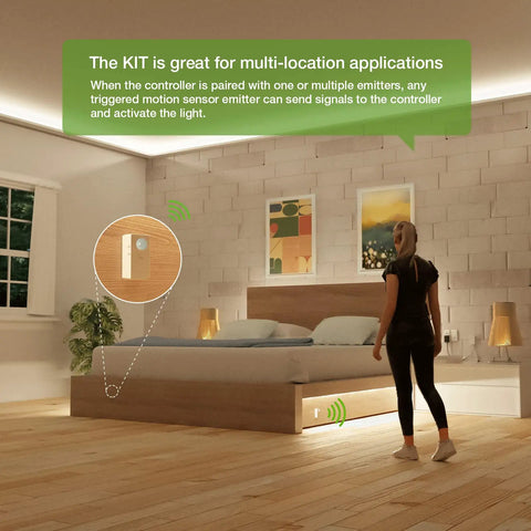 Wireless Motion Sensor Controller Kit No Wiring For LED Strip Lights 12 24V DC RF Remote Control Dimmer Timer Motion Activated Staircase Lighting Easy Install in bedroom