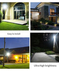 JUDYSSY Led Flood Light Pir Motion Sensor 50W shining brightly in outdoor garden scenes, showcasing easy installation and high brightness.