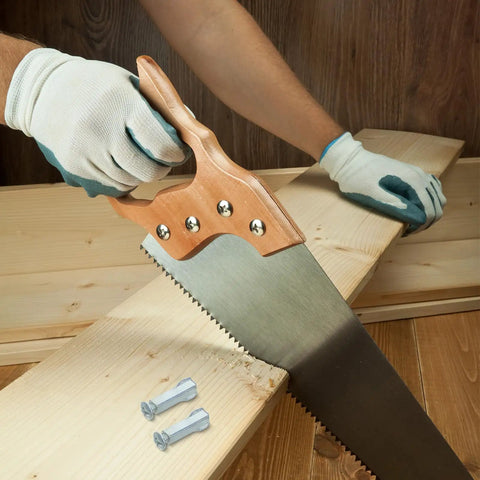 Carpenter using saw with Eight Piece Hacksaw Bolt And Wing Nut Set for DIY repairs on wooden boards