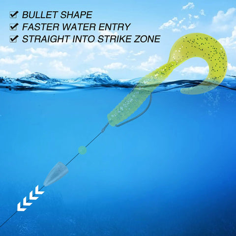 Illustration of bullet fishing sinker 50 pcs set for bass Texas rig weedless fishing setup underwater with grub