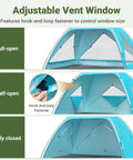 Large Beach Tent Sun Shelter For Three To Four People With UPF 50 Plus UV Protection Privacy Door showing adjustable vent windows