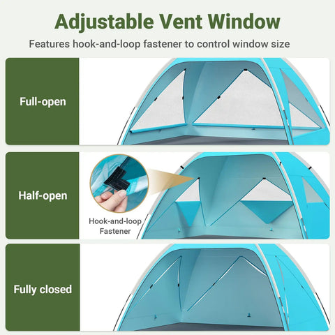 Large Beach Tent Sun Shelter For Three To Four People With UPF 50 Plus UV Protection Privacy Door showing adjustable vent windows