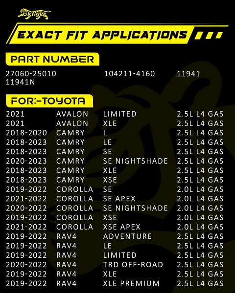 Chart showing compatibility of Upgraded 100A 12V Alternator For Toyota Camry, Corolla And RAV4, OE 27060-25010 with specific models and years